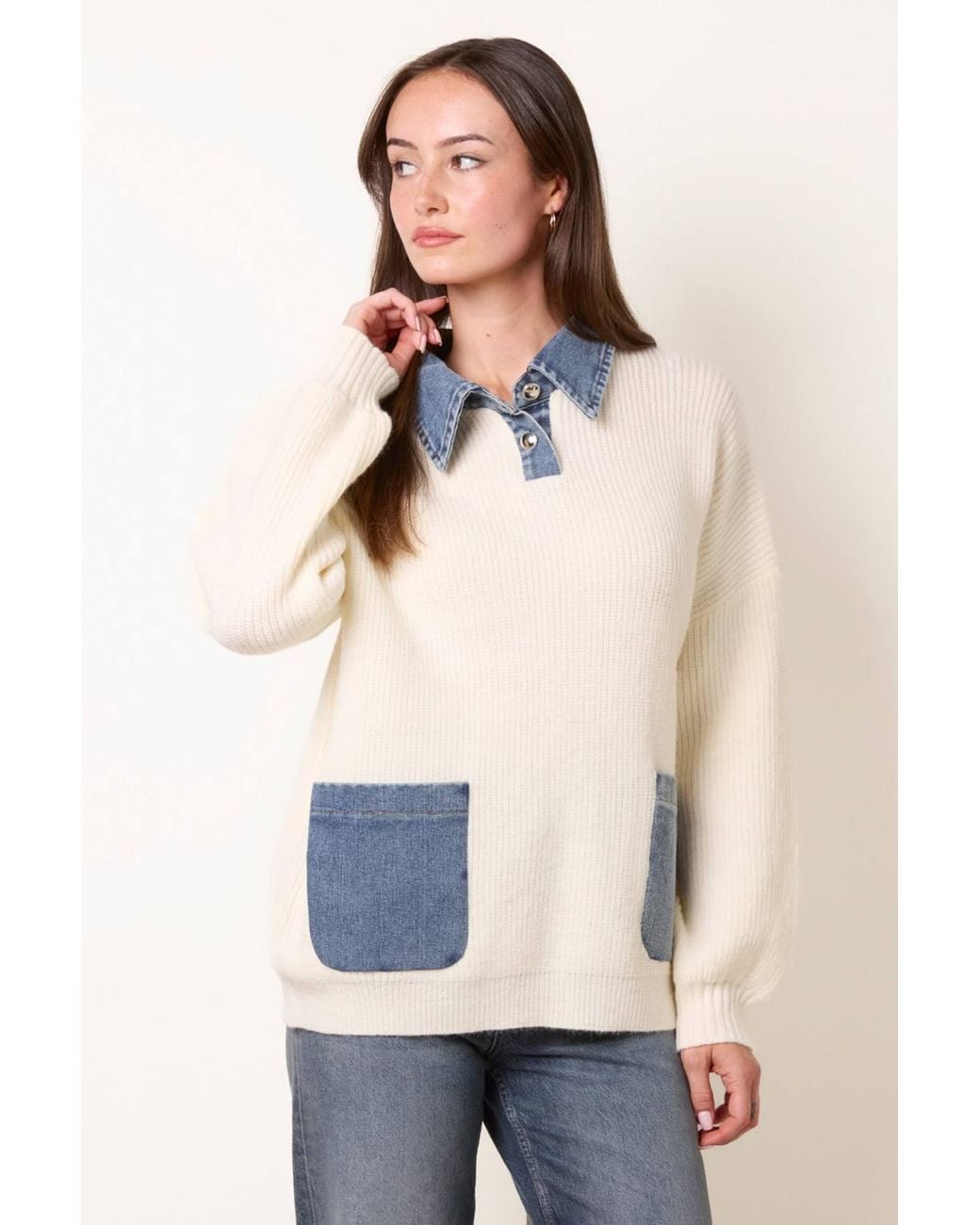 Blue Vanilla White Long Sleeve Button Up Collar Jumper