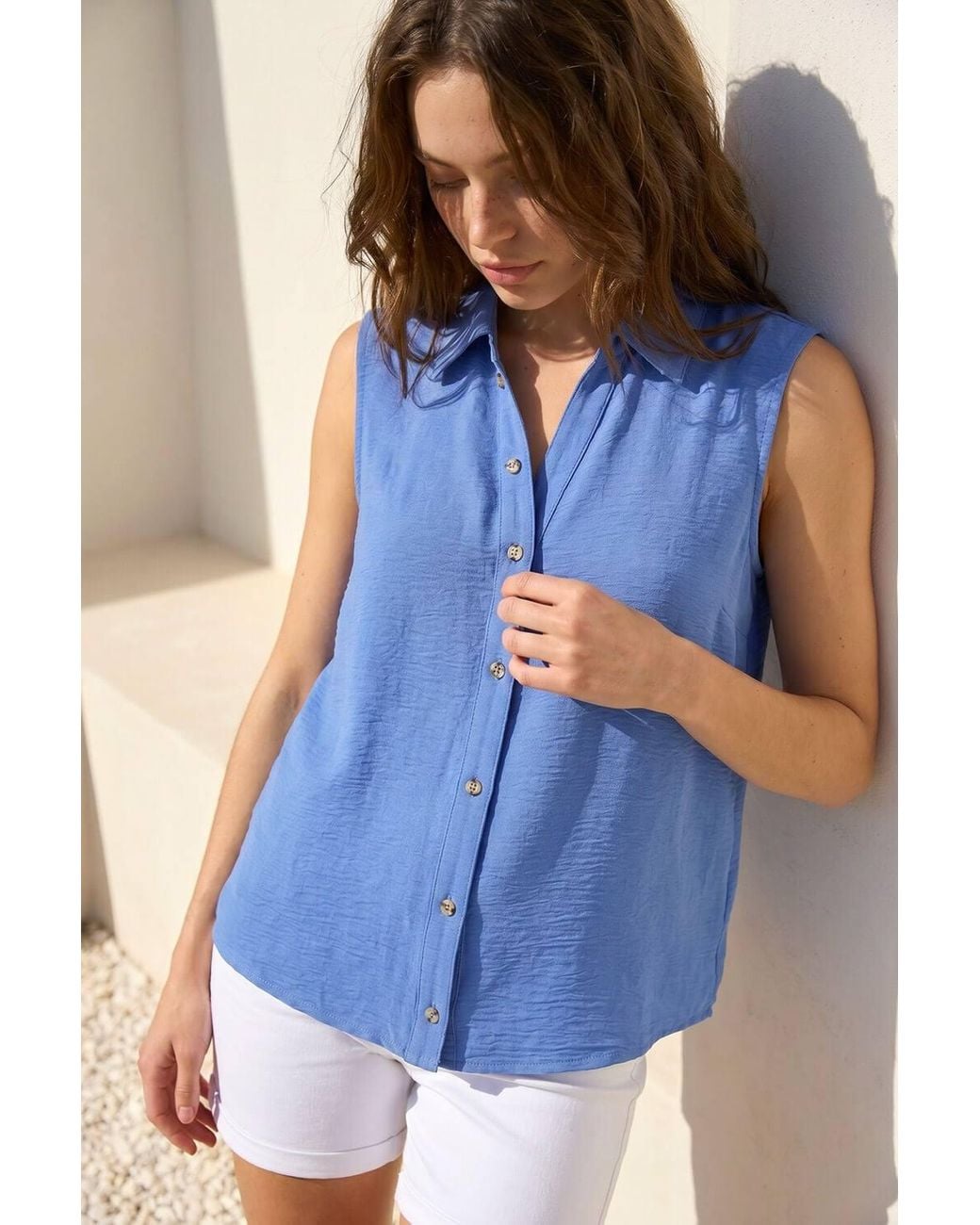 Roman Blue Petite Button Up Front Blouse