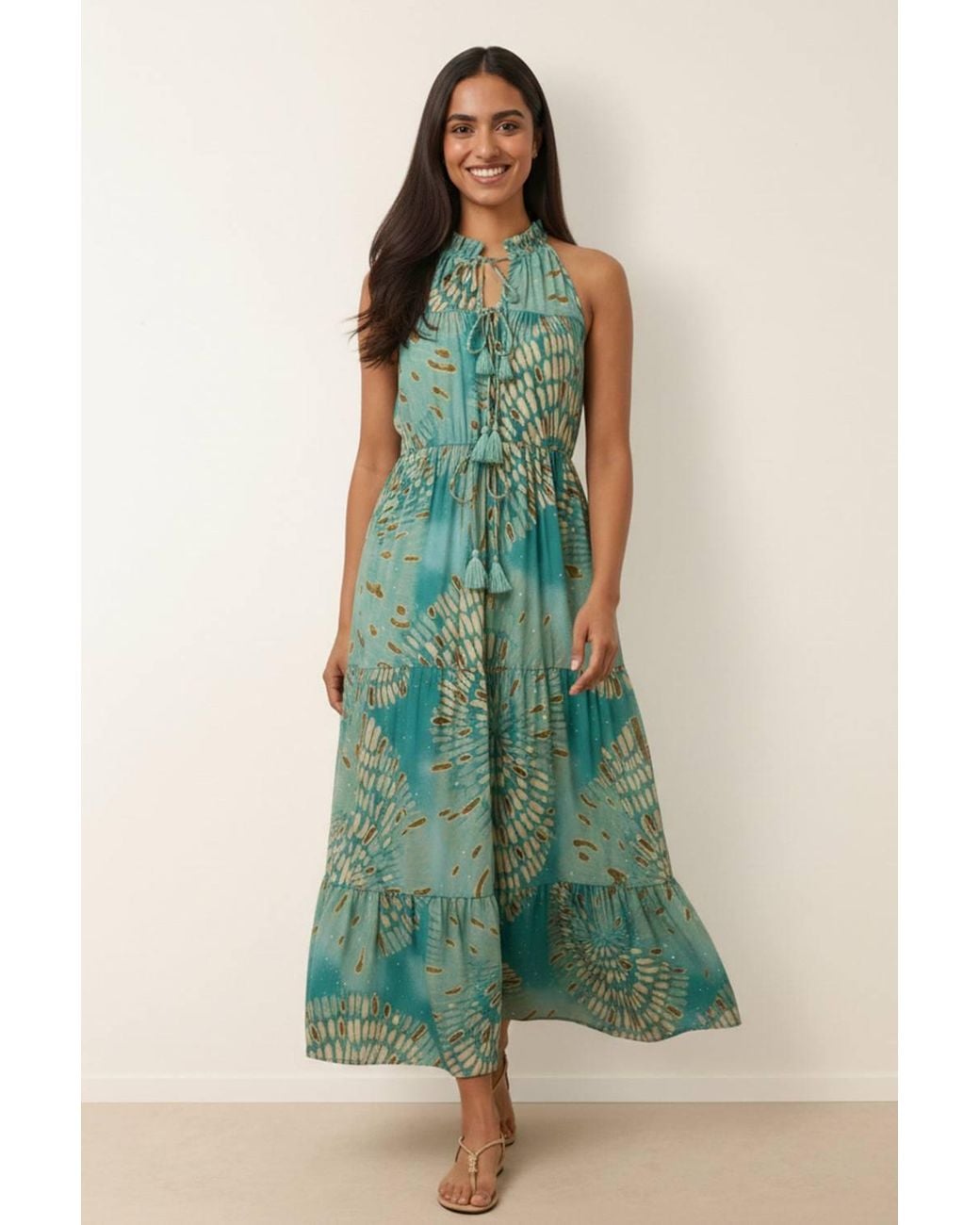Blue Vanilla Green Sleeveless Turtleneck Maxi Dress