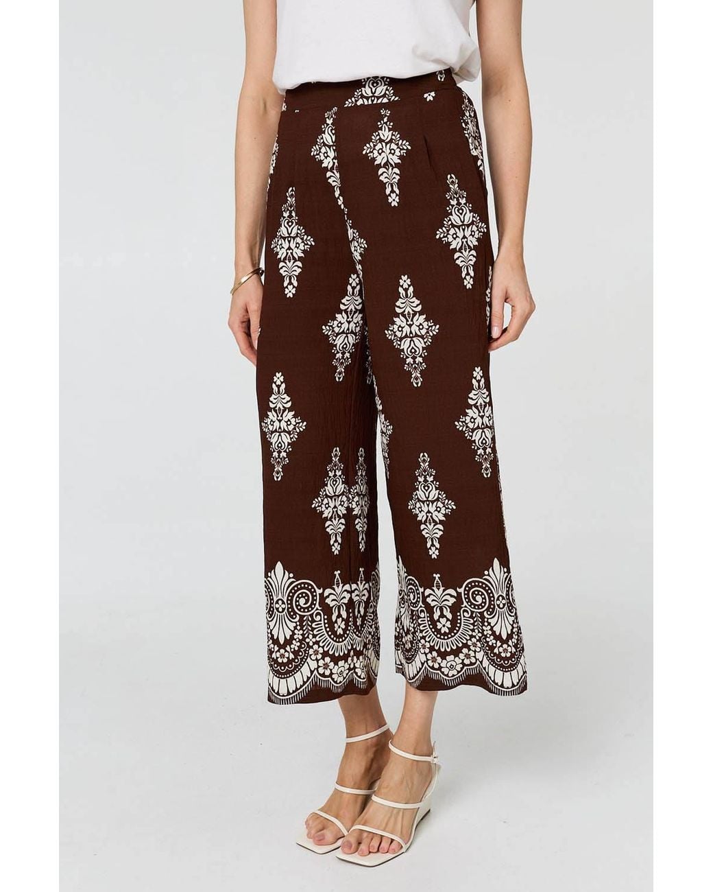 Izabel London White Border Print High Waist Wide Trousers