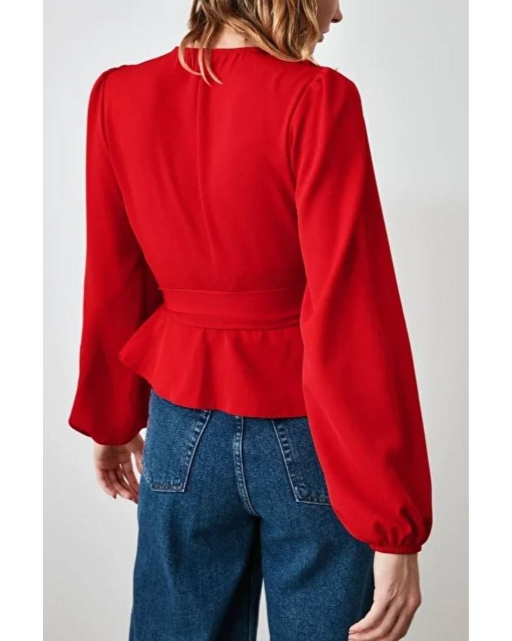 WOVCOR Red Tie Front Woven Blouse W/ V-Neck Detail