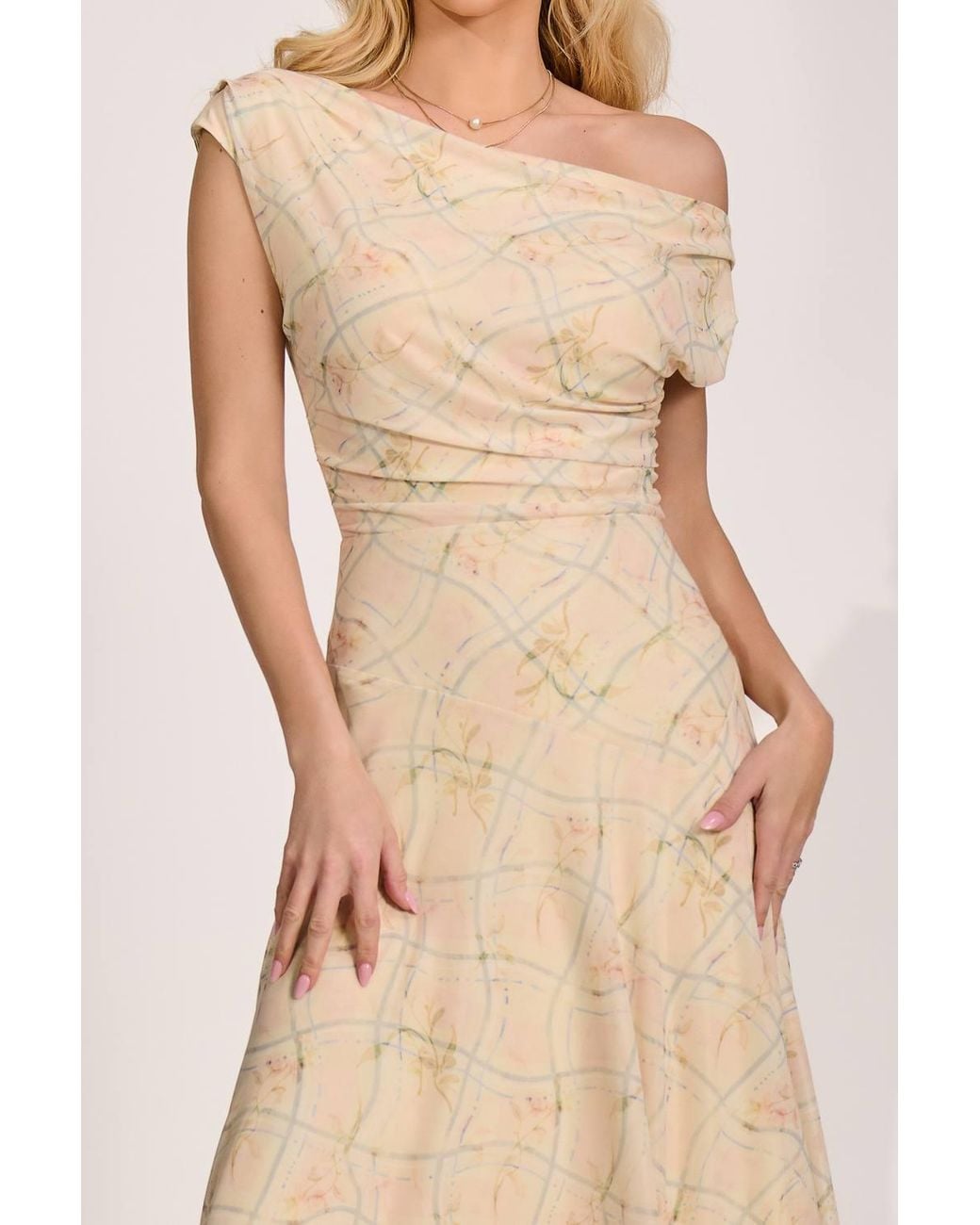 Jolie Moi Natural Asymmetric Draped Mesh Maxi Dress