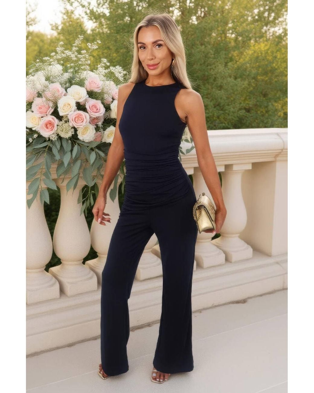 AX Paris Green Racer Neck Draped Waist Jumpsuit