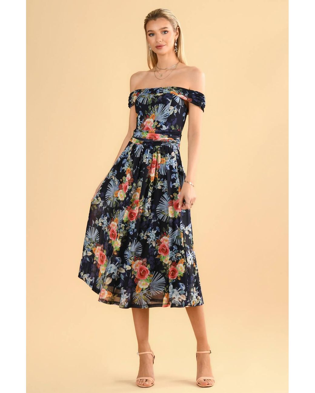 Jolie Moi Blue Rezka Shoulder Mesh Midi Dress
