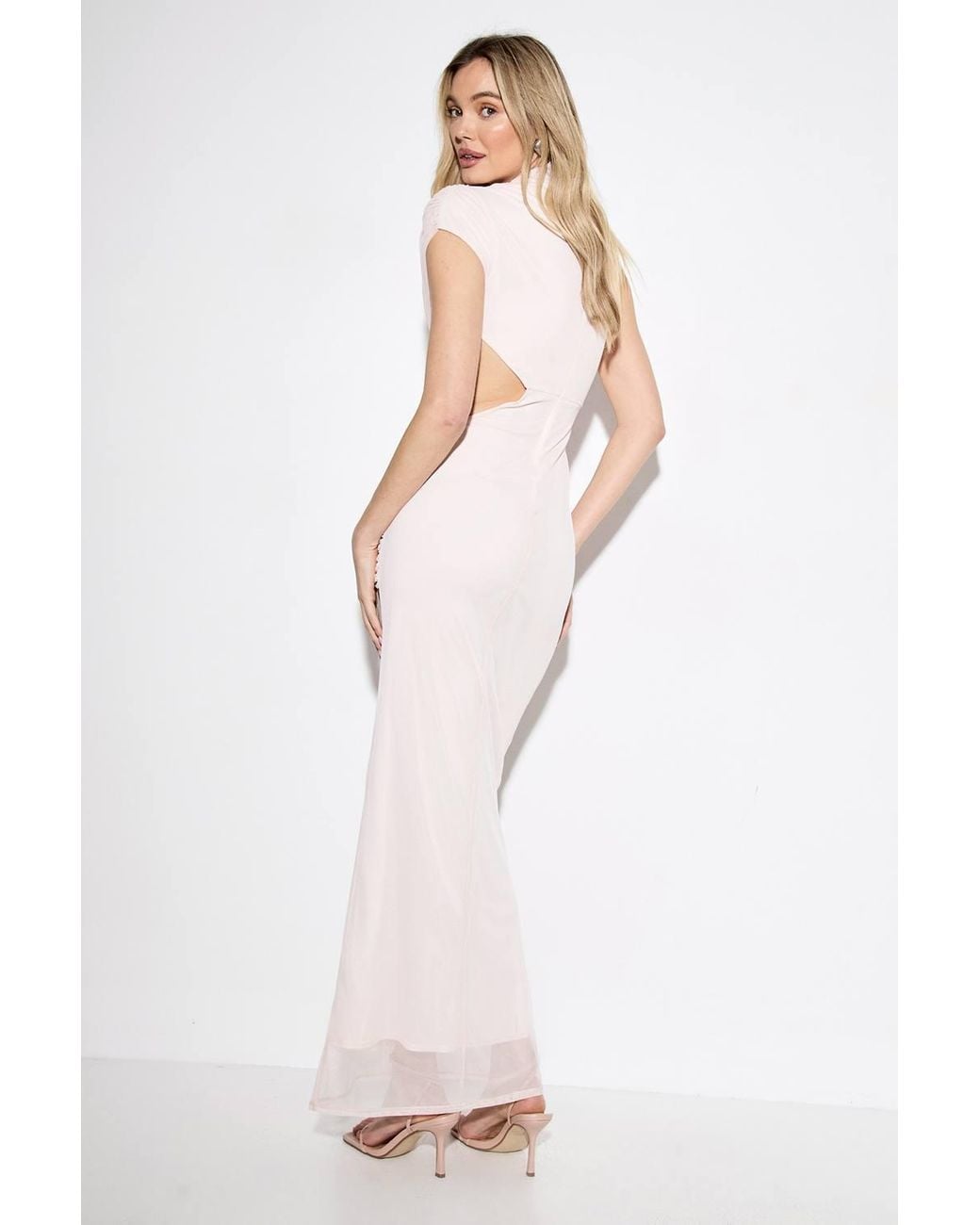 MissPap Pink Gathered Mesh Cut Out High Neck Maxi Dress