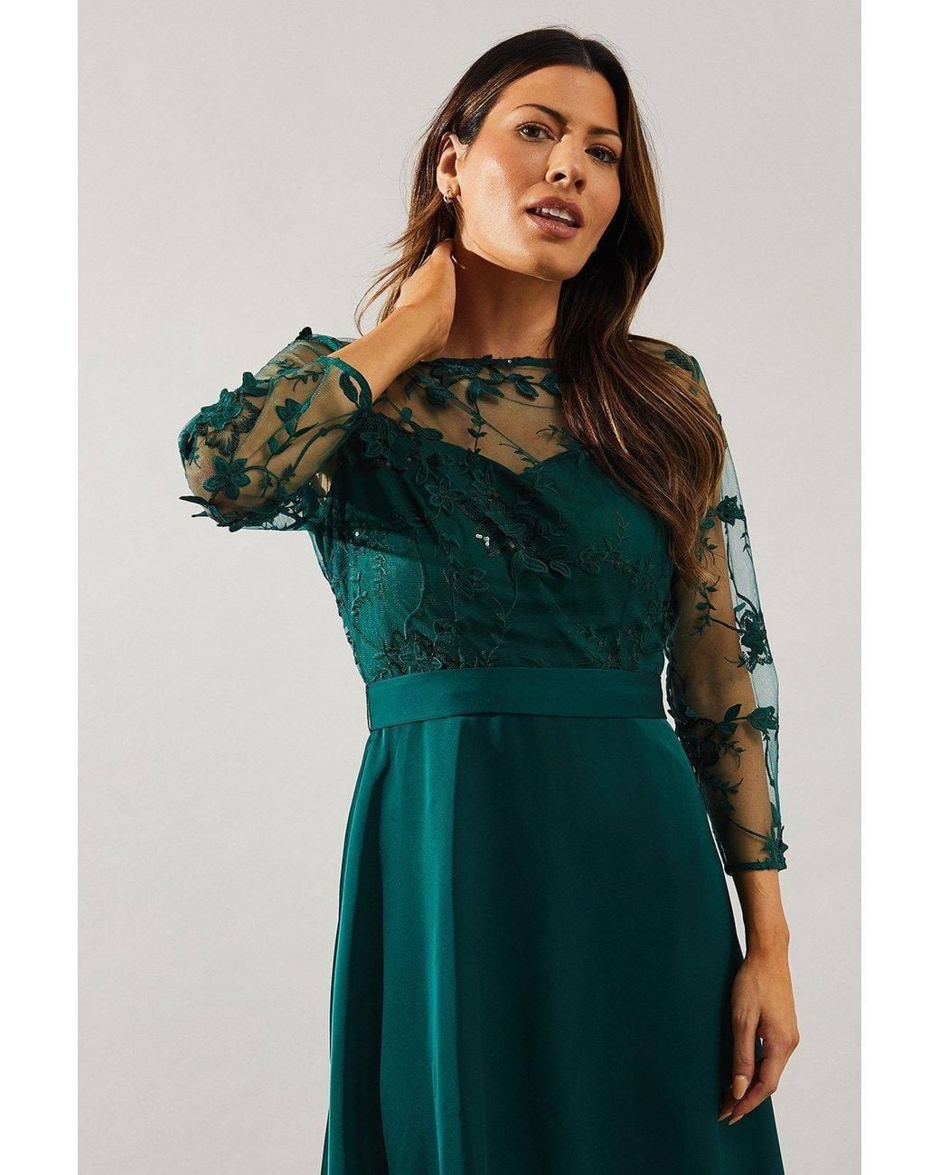 Wallis Green Satin And Mesh Overlay Fit And Flare Dress