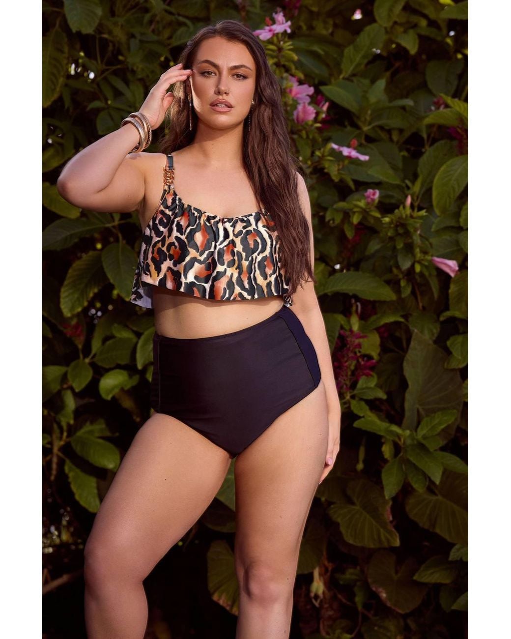 Yours Black Leopard Print Frill Bikini Top
