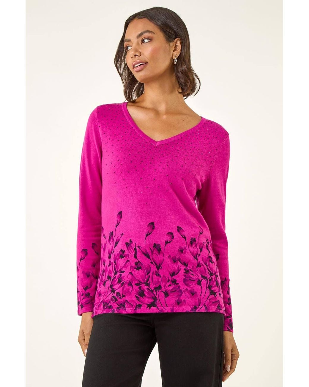 Roman Pink Embellished Floral Print Knit Jumper