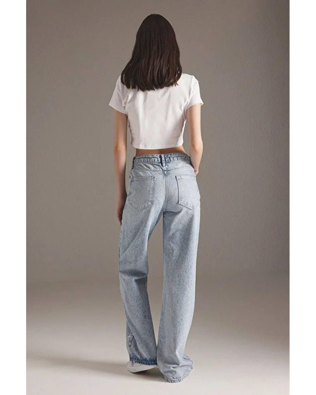 WOVCOR Gray Ribbon Detail Stoned Regular Waist Wide Leg Jeans