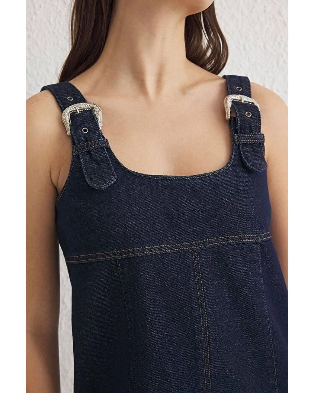 WOVCOR Blue Buckled Adjustable Strap Mini Denim Dress
