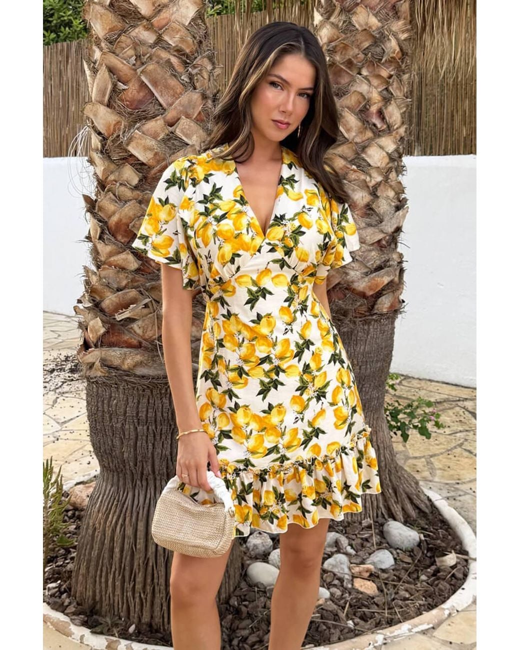 AX Paris Natural Lemon Print V Neck Frill Hem Mini Dress