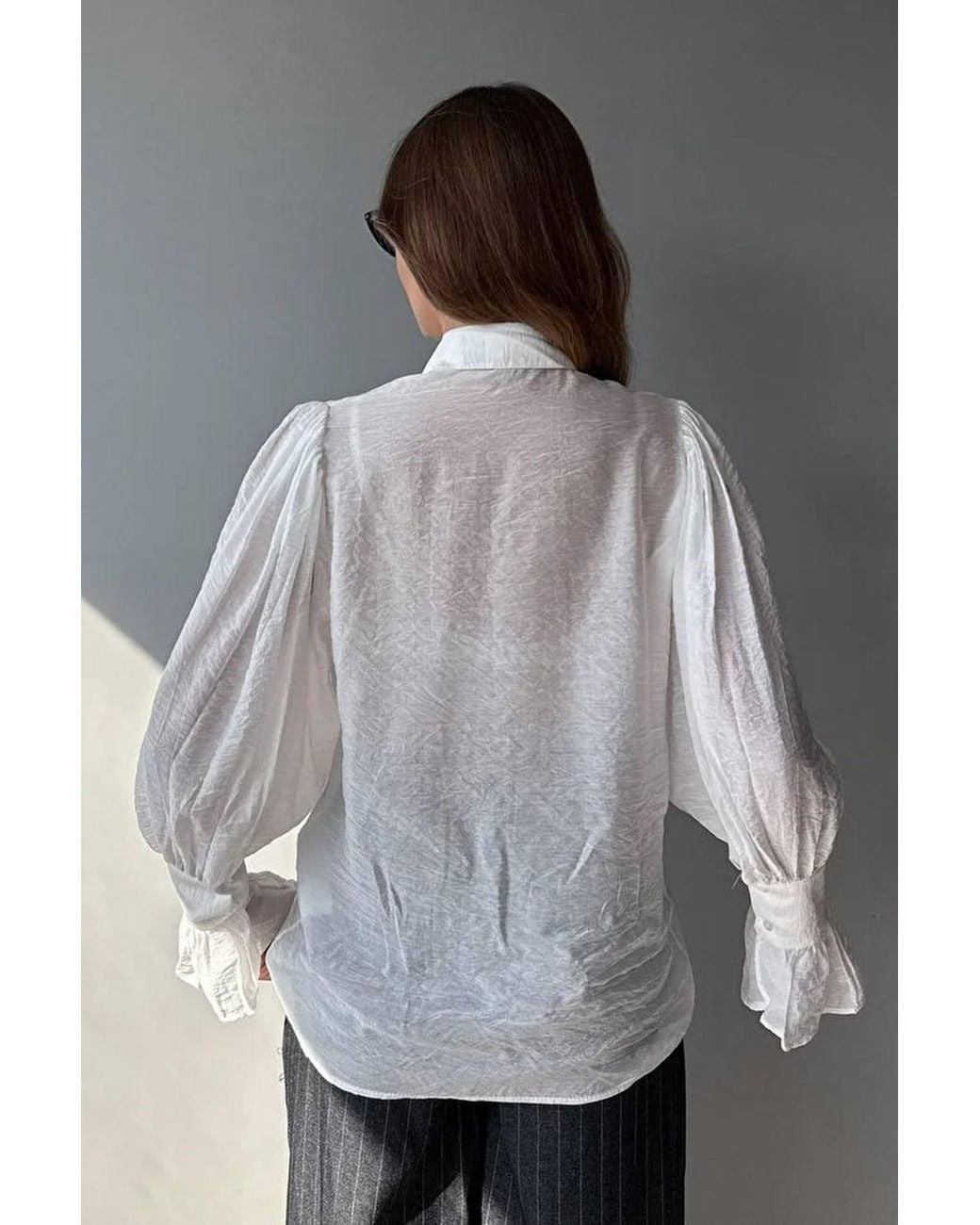 WOVCOR Gray Sheer Tie Neck Long Sleeve Shirt