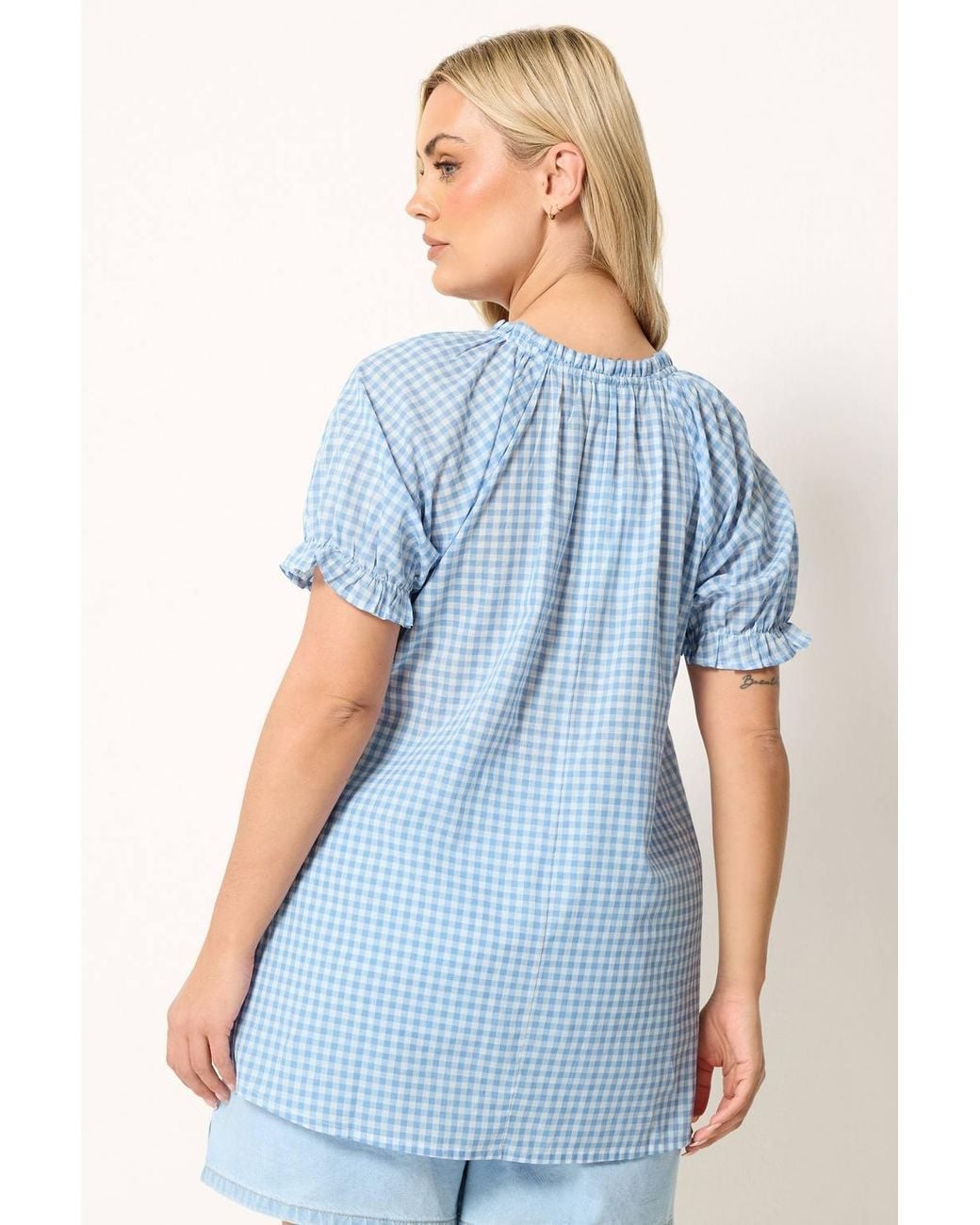 Yours Blue Gingham Puff Sleeve Blouse