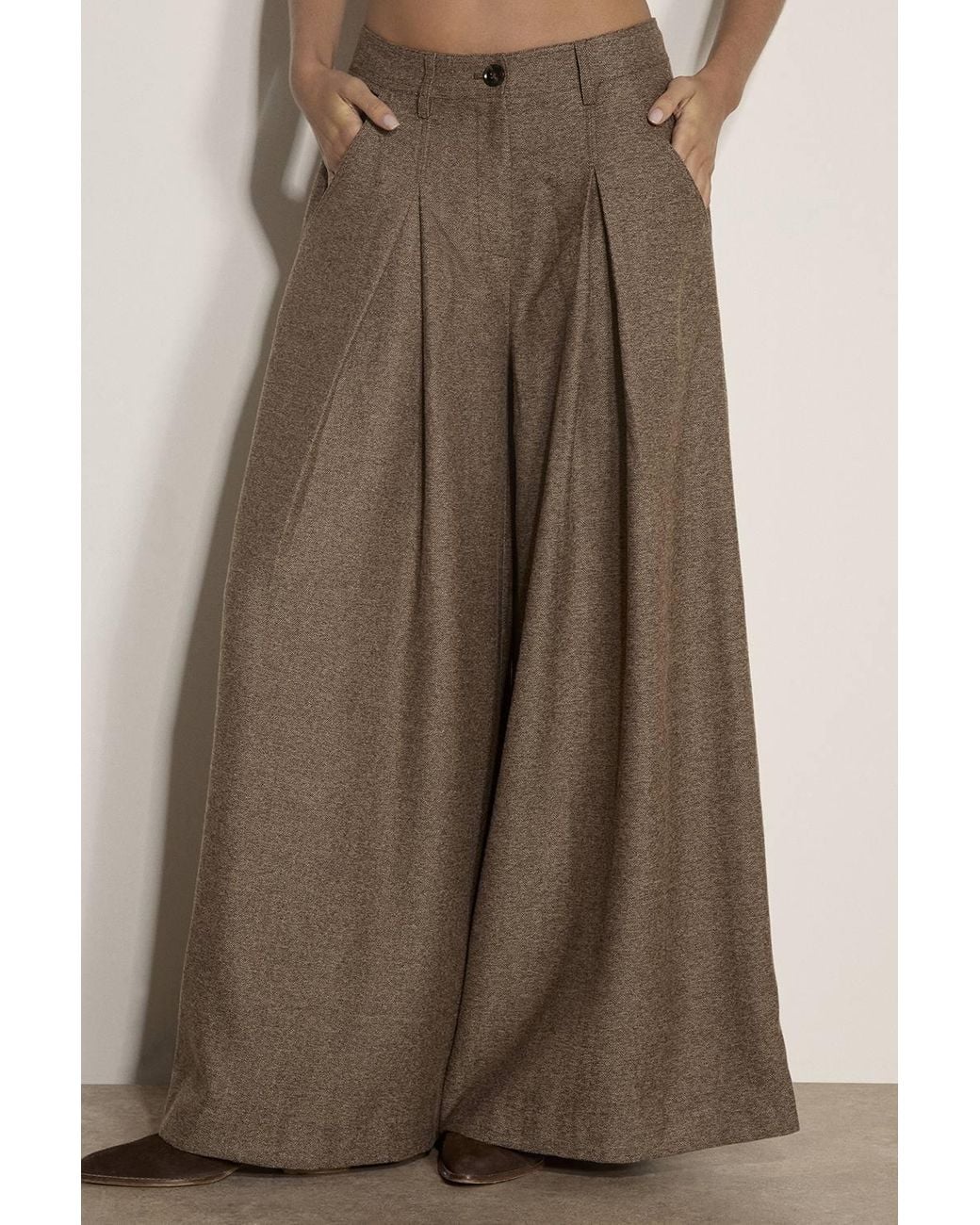 Apricot Brown Herringbone Tweed Wide-Leg Trousers