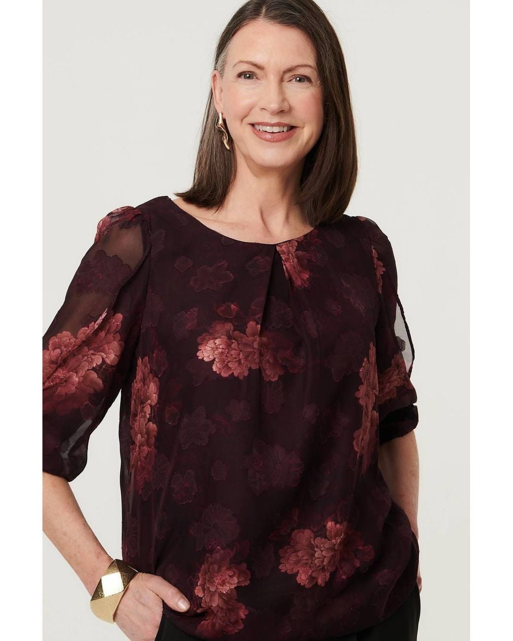 Izabel London Floral Mesh Layered 1/2 Sleeve Blouse
