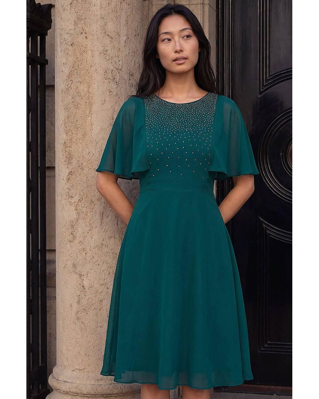 Roman Blue Petite Embellished Skater Dress