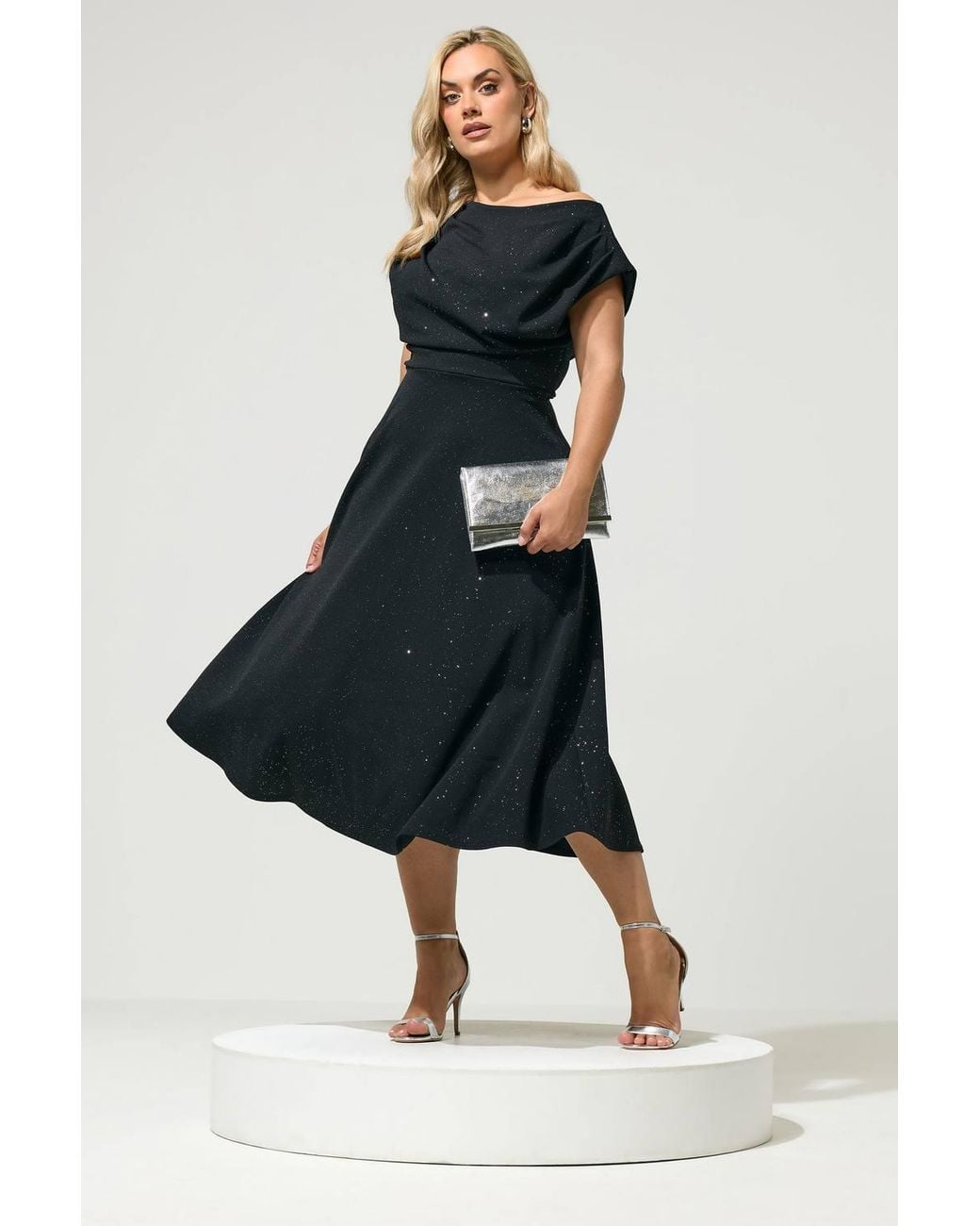 Yours Blue Glitter Drape Skater Dress