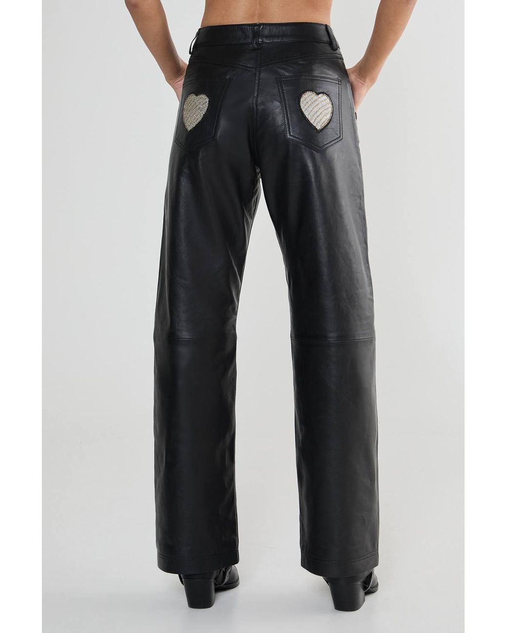 Nasty Gal Black Real Leather Star And Heart Patched Pants