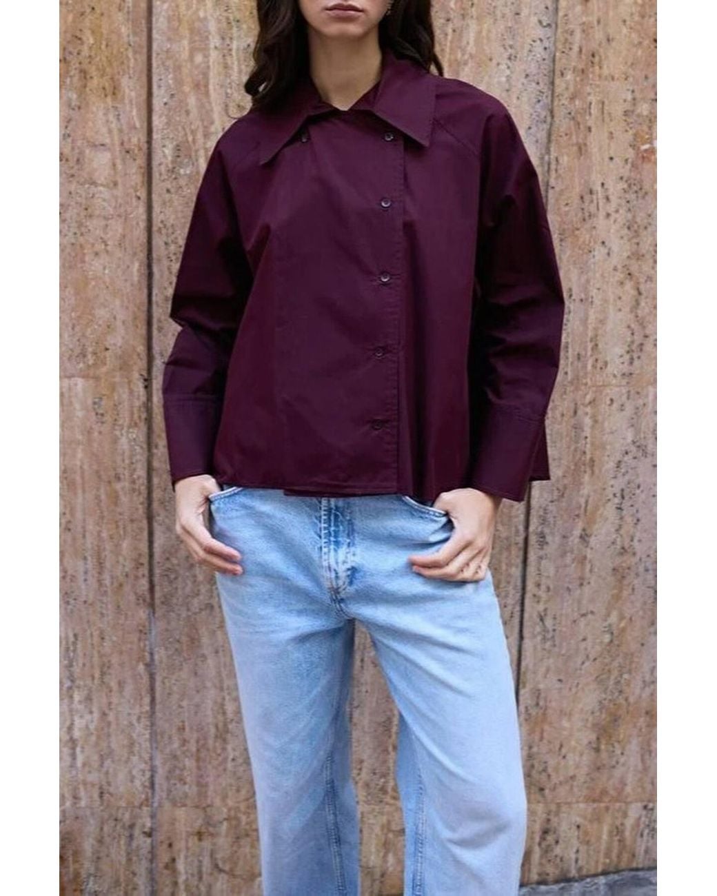 WOVCOR Purple Asymmetric Button Front Oversized Cotton Poplin Shirt