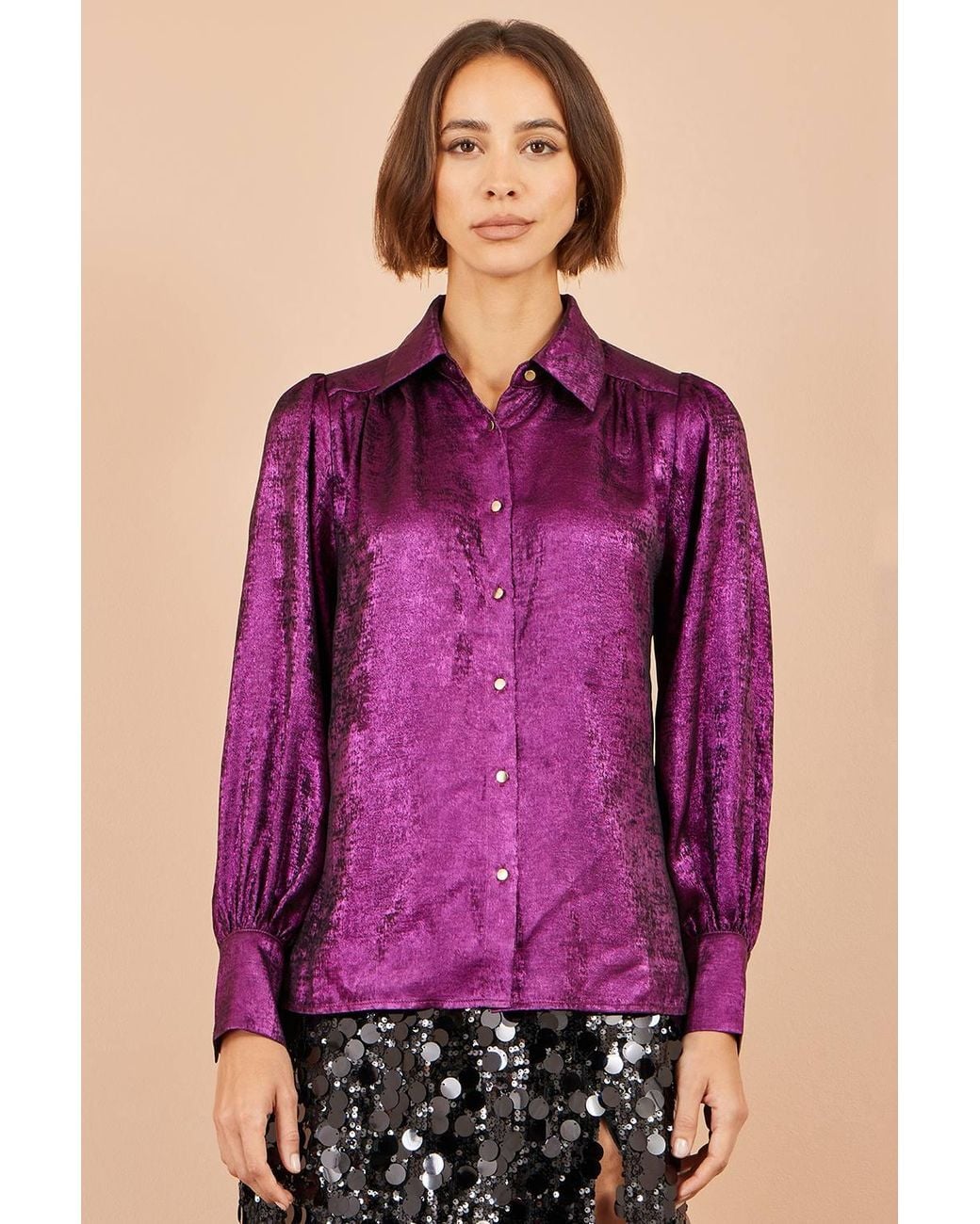 Yumi' Purple Metallic Relaxed Balloon Sleeve Shirt