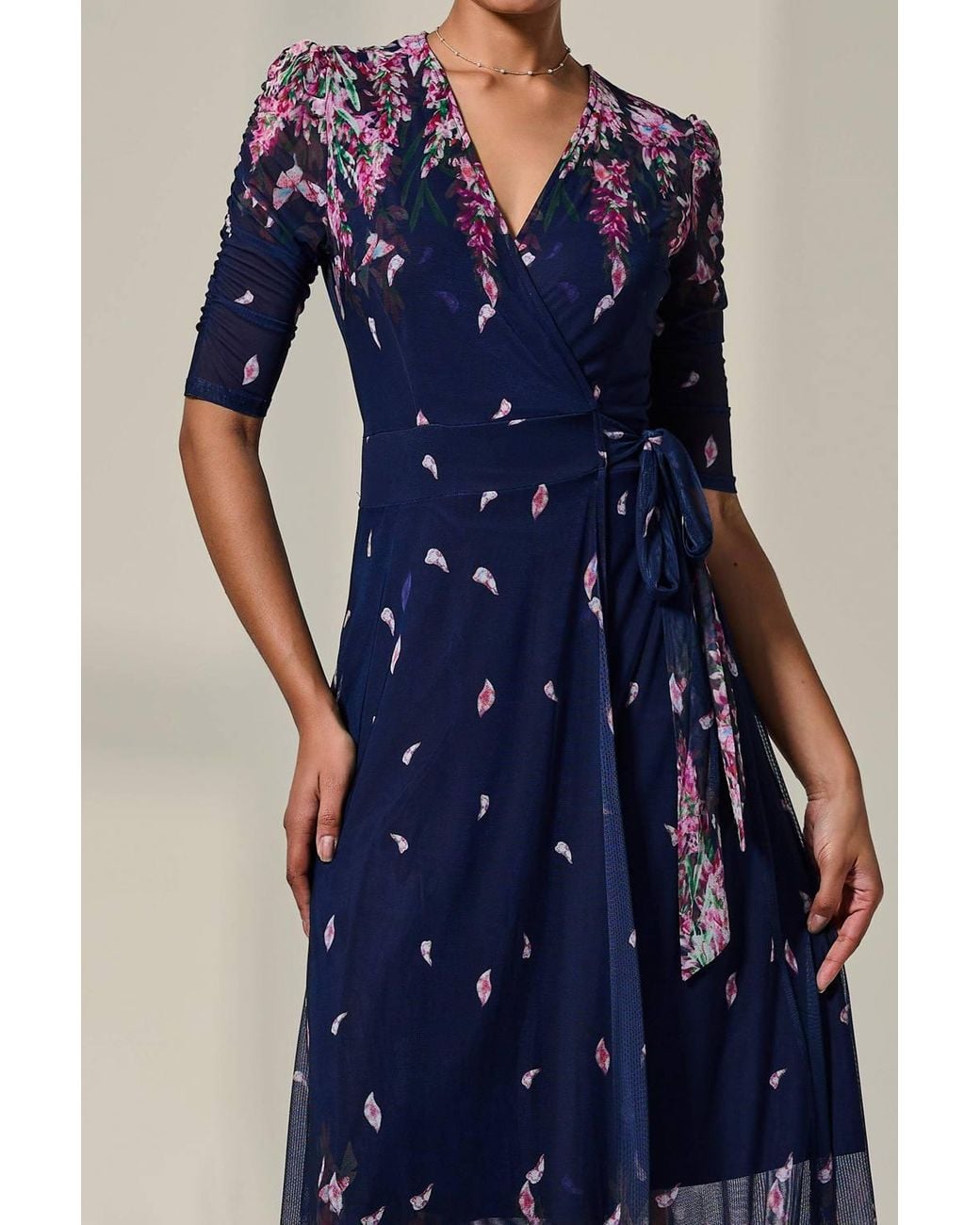 Jolie Moi Blue Half Sleeve Floral Wrap Dress