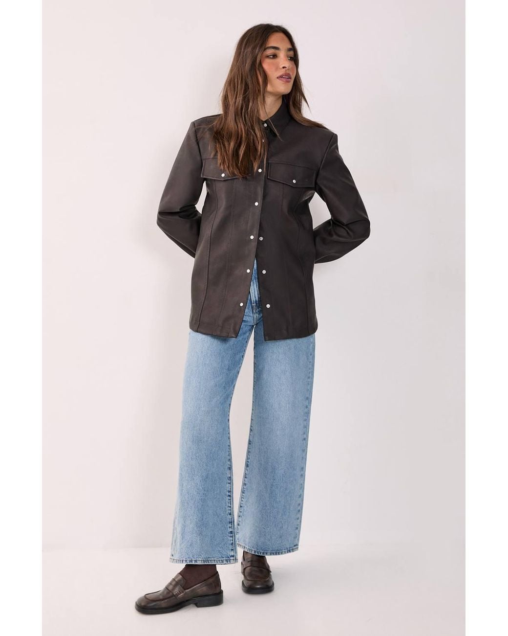 Nasty Gal Black Western Faux Leather Shoulder Pad Shirt