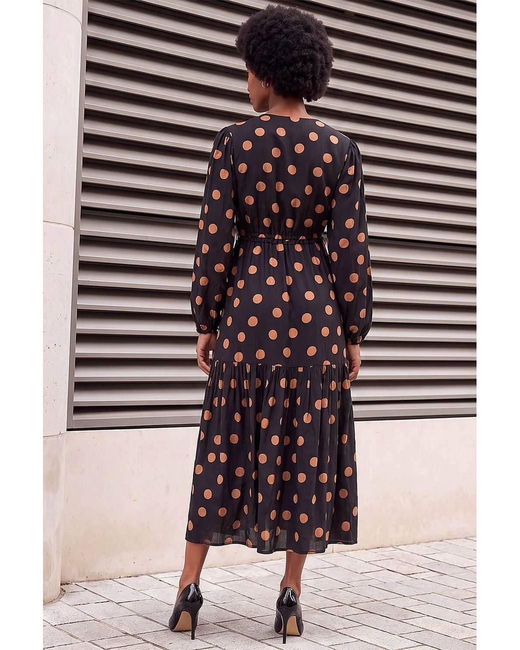 Roman Brown Polka Dot Stretch Midi Dress