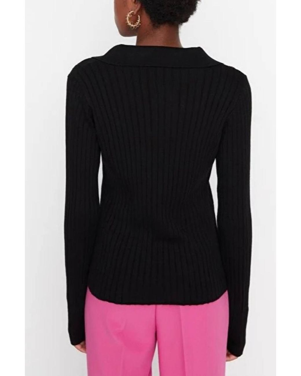 WOVCOR Black Polo Neck Knit Sweater W/ Finger Detail