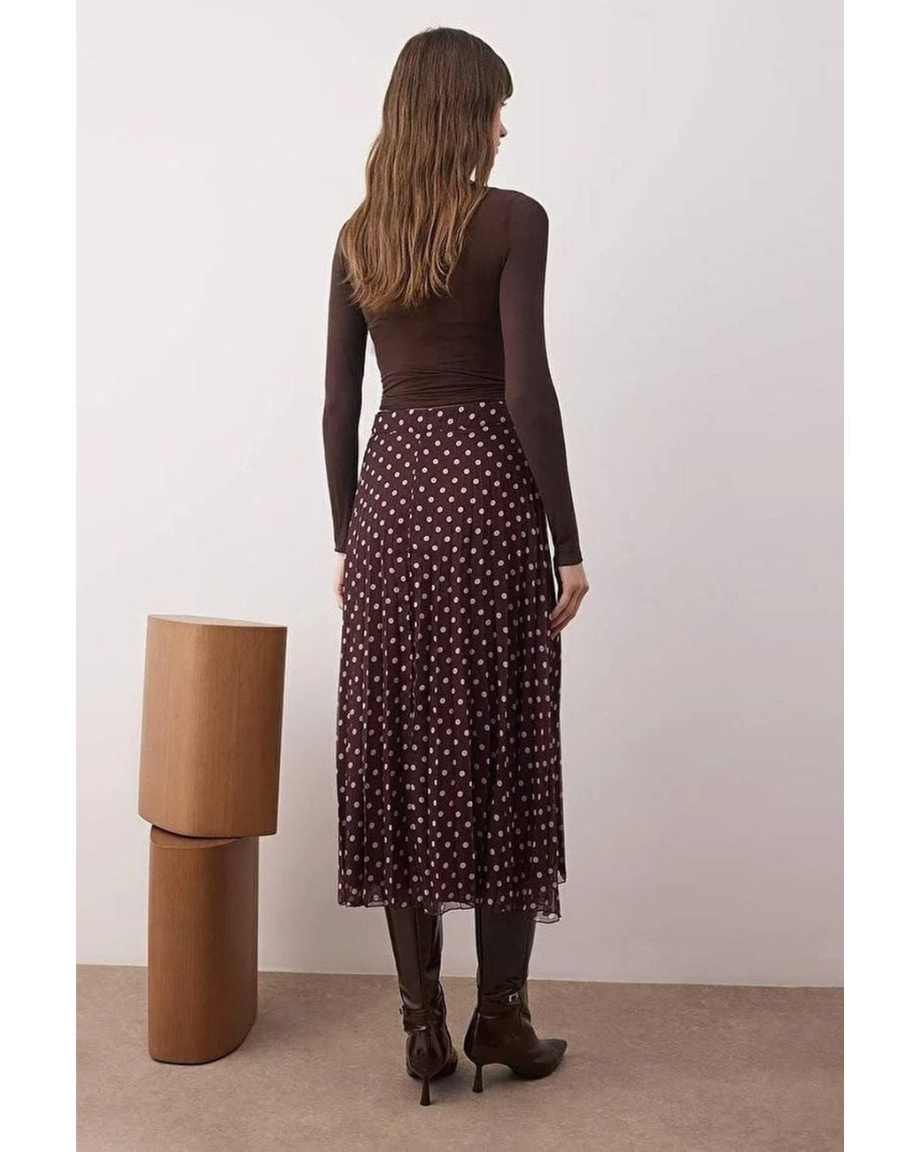 WOVCOR Brown Polka Dot Pleated Chiffon Midi Skirt