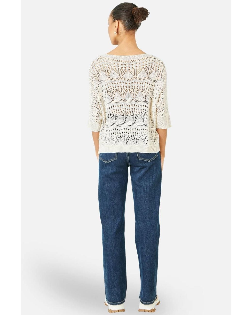 Yumi' White Cotton Mix Relaxed Fit Pointelle Jumper