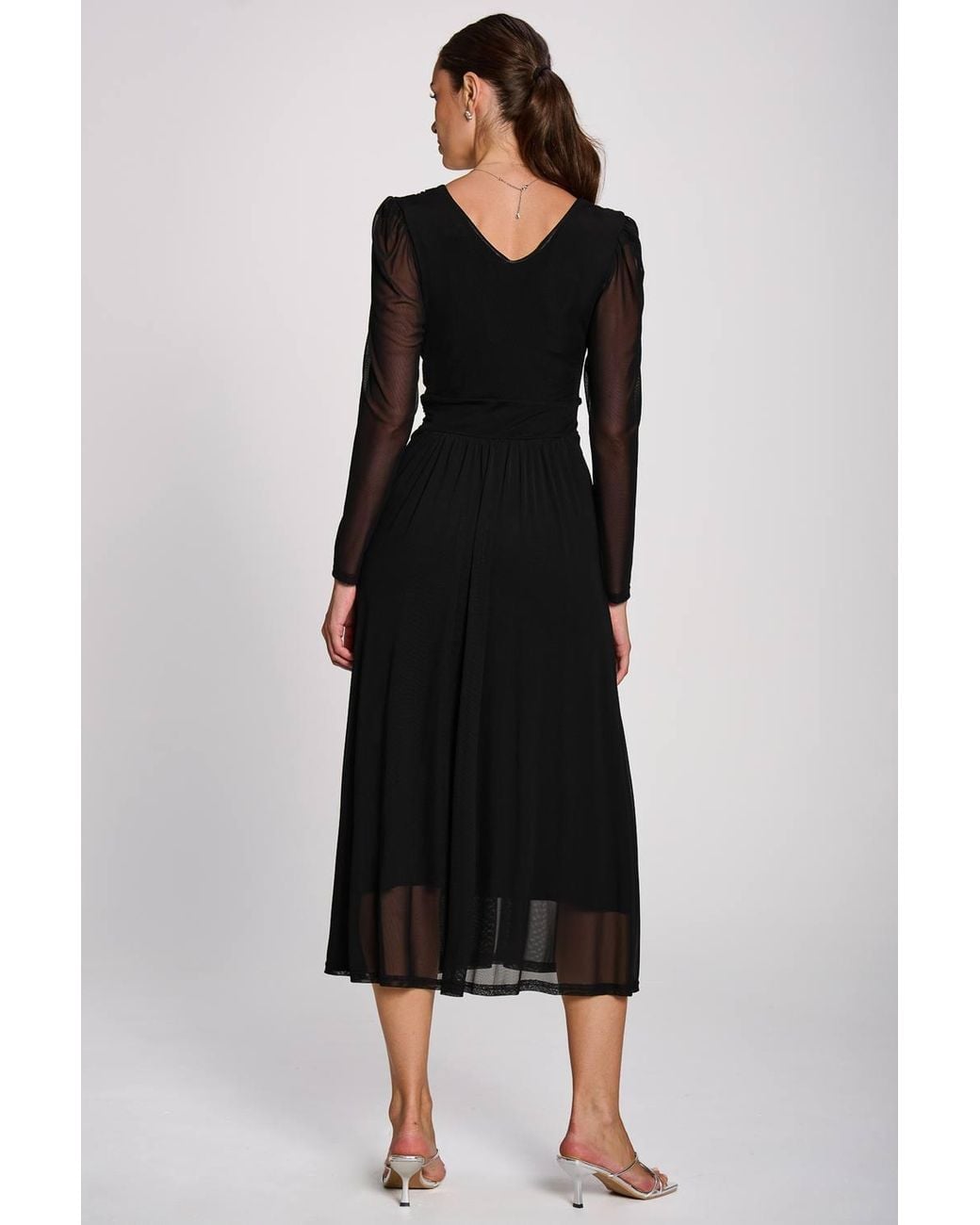 Jolie Moi Black Mesh Long Sleeve Pleated Maxi Dress