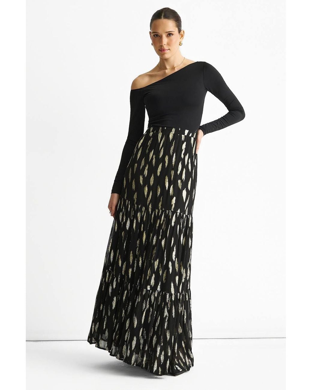 Gini London Black Clipped Jacquard Tiered Maxi Skirt