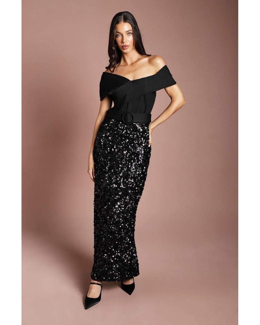 Coast Black Bardot Bandage Bodice Sequin Skirt Maxi Dress