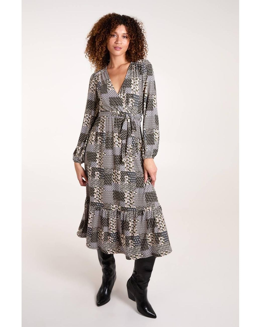Blue Vanilla Green Geometric Wrap Front Belted Midi Dress