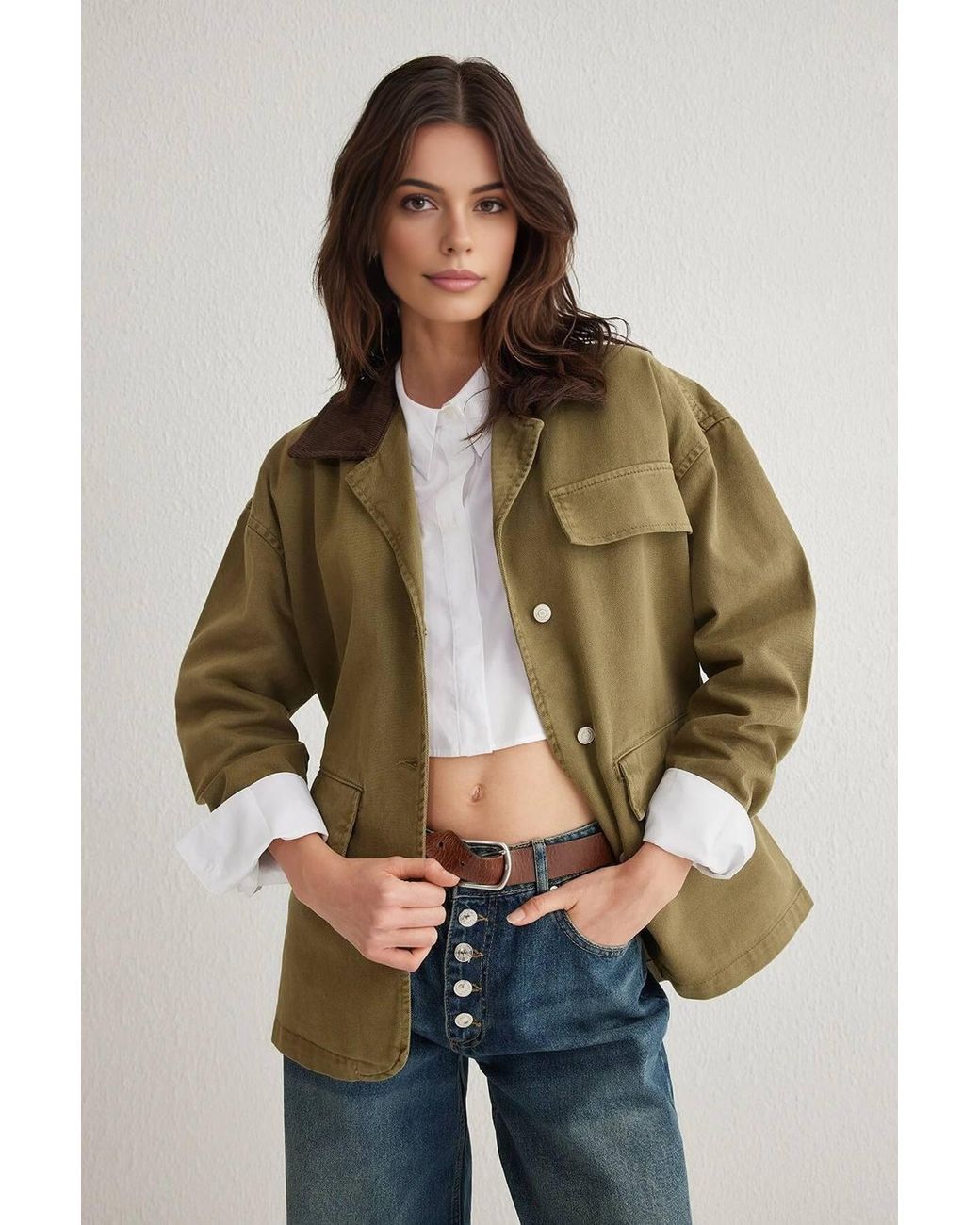 WOVCOR Brown Plain Collared Button Front Utility Jacket