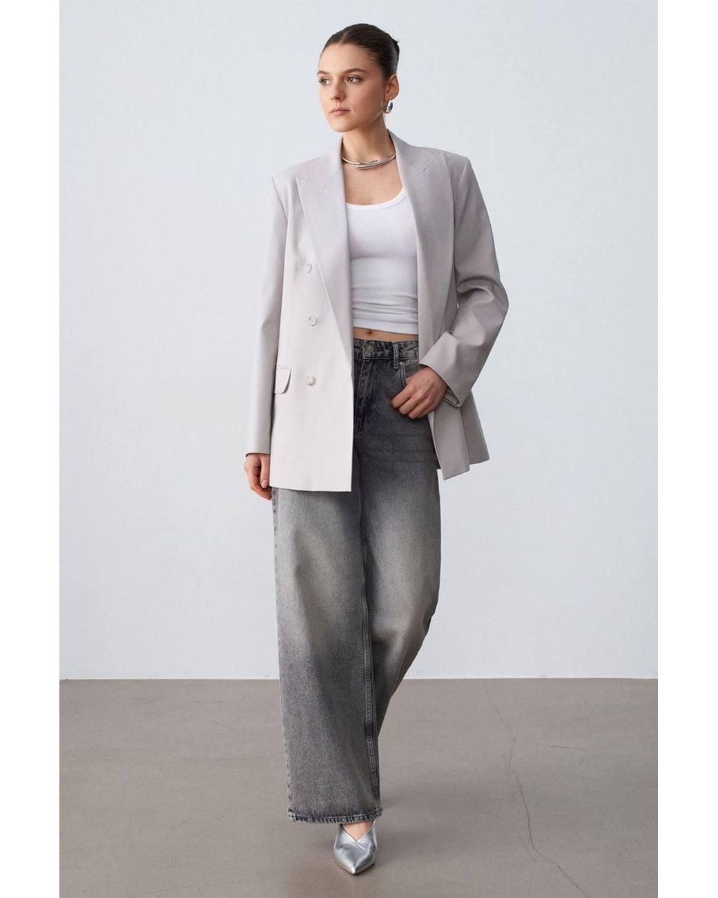 Dilvin Gray Long Crepe Blazer Jacket