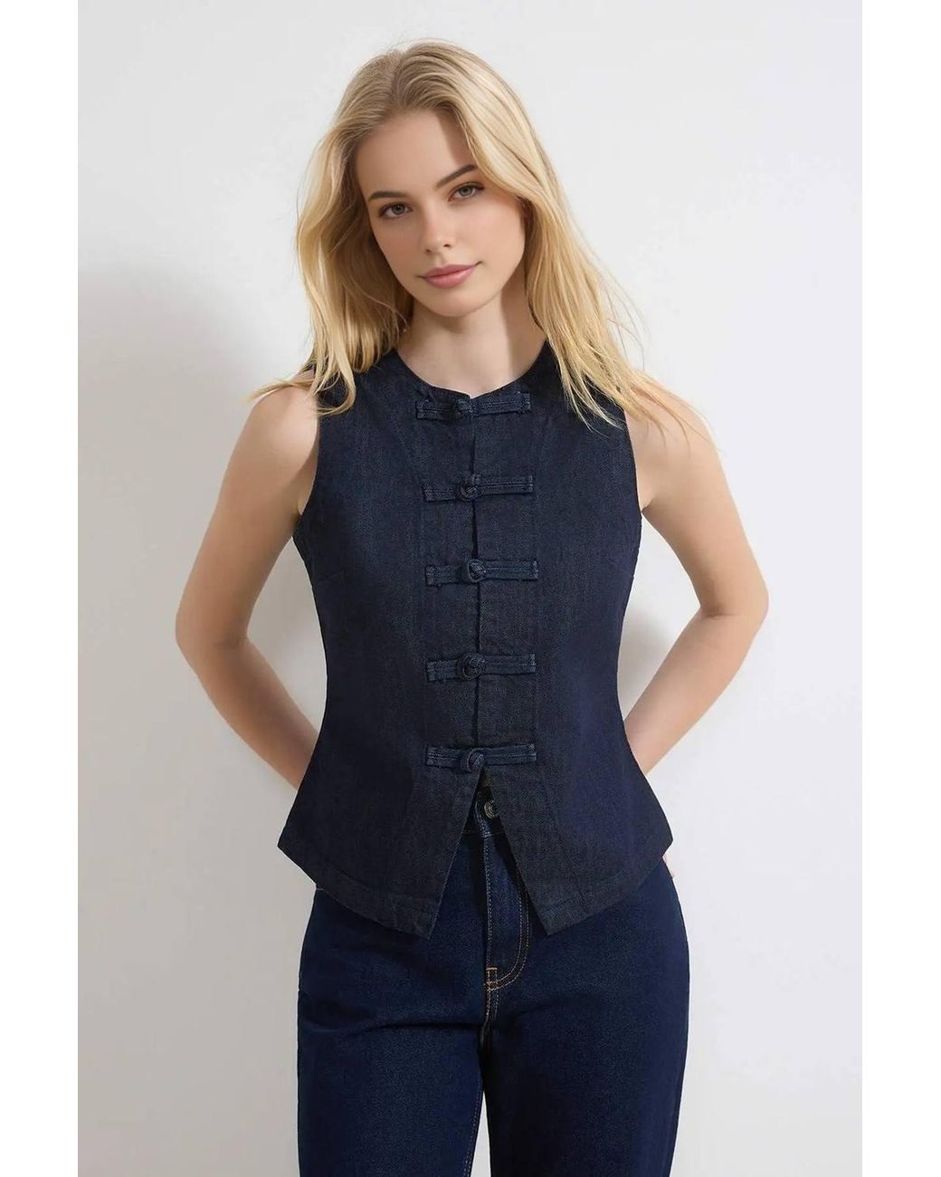 WOVCOR Blue Fitted Cotton Denim Vest W/ Button Detail Sleeveless