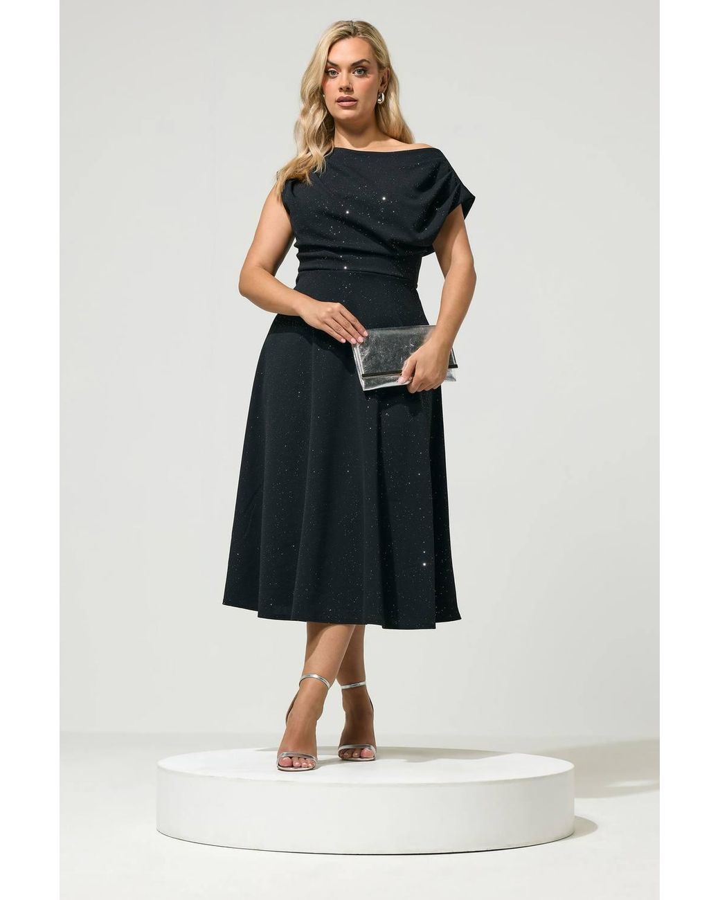 Yours Blue Glitter Drape Skater Dress