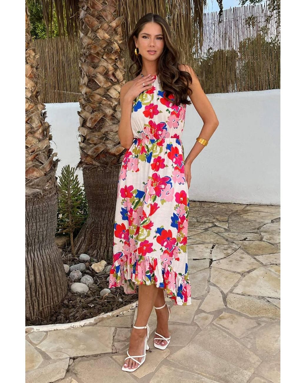 AX Paris Gray Multi Floral Print Racer Neck Frill Hem Midi Dress