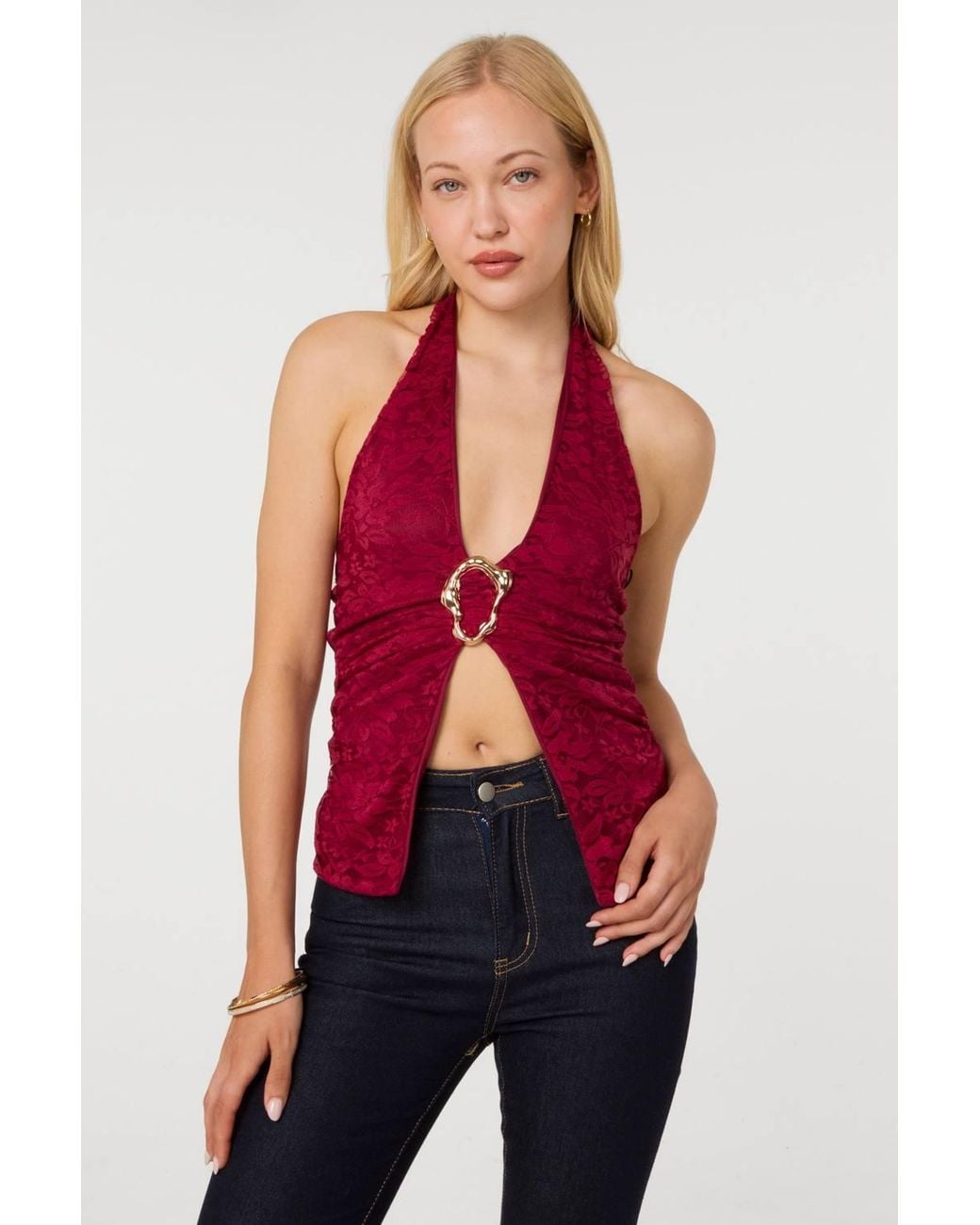 Pink Vanilla Red Lace Trim Halter Top