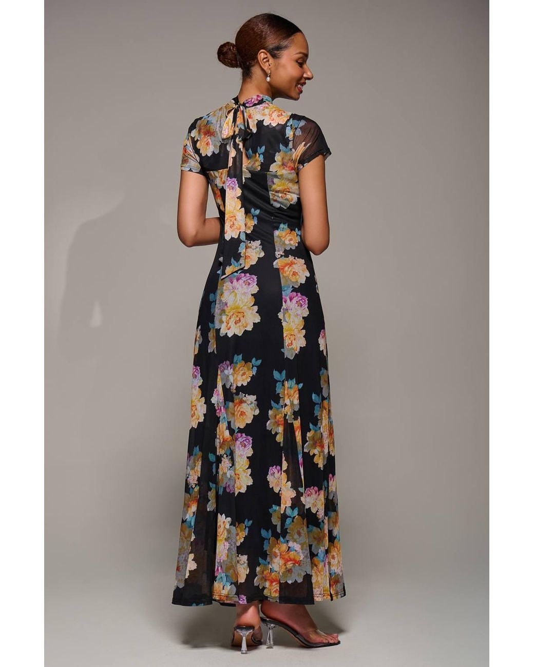 Jolie Moi Black Turtle Neckline Mesh Maxi Dress