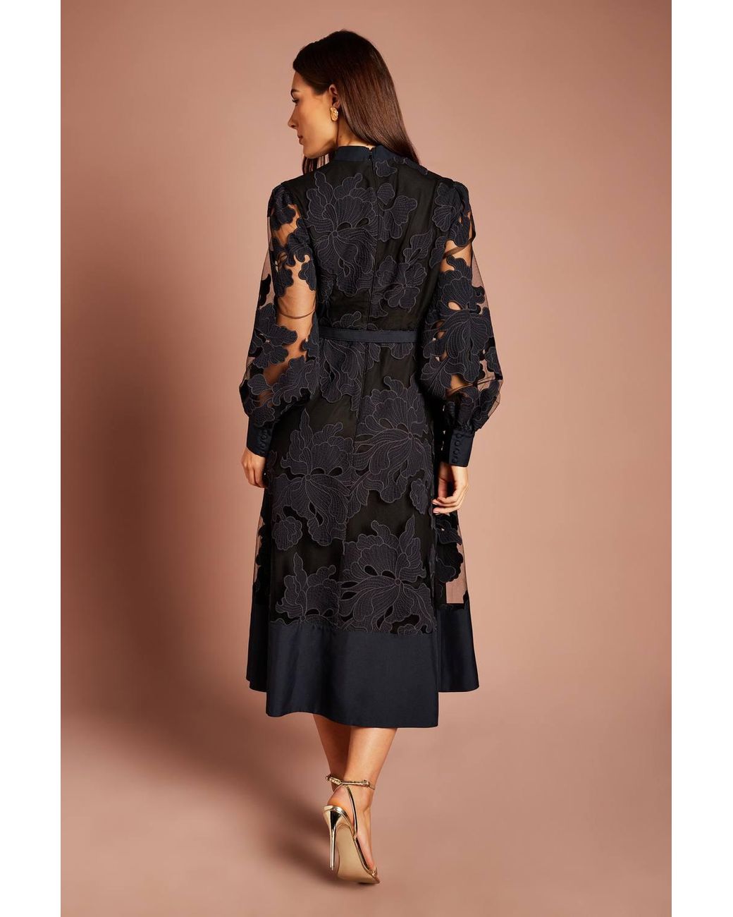 Coast Black Applique Belted Long Sleeve Shirt Midi Dress