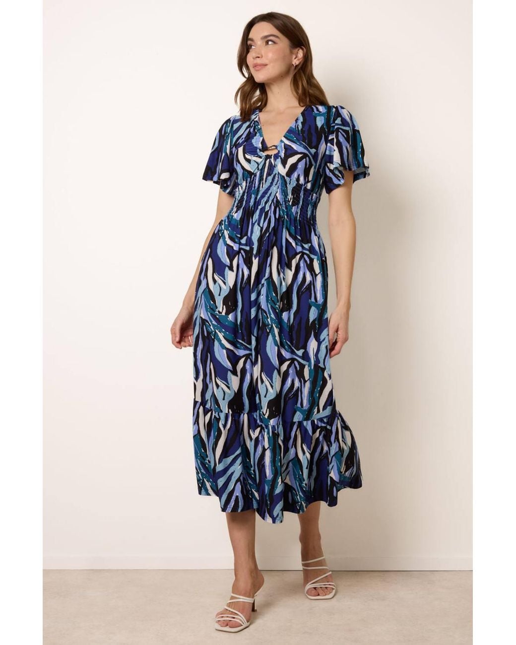 Blue Vanilla Blue Shirred Waist Short Sleeve V-Neck Maxi Dress