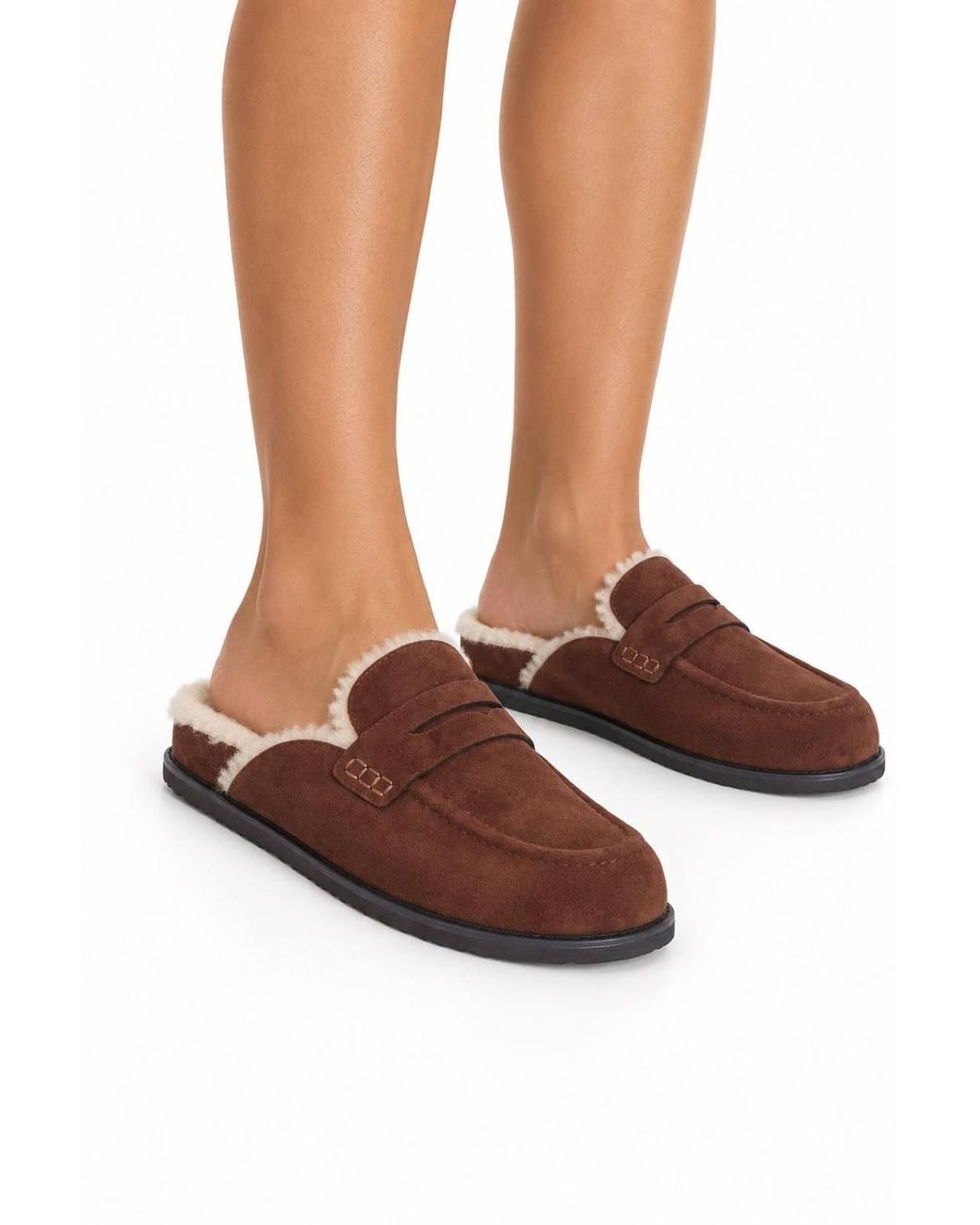Miss Diva Brown Alviera Fur Detail Backless Mule Loafer Slippers