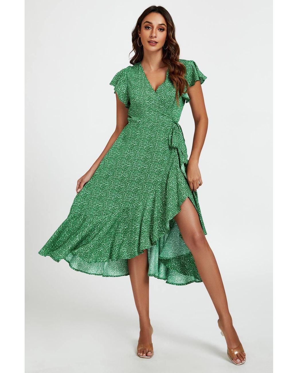 FS Collection Green Floral Frill Sleeve Midi Wrap Dress