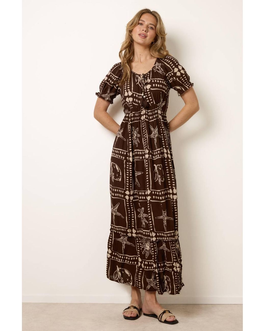 Blue Vanilla Brown Short Sleeve Round Neck Maxi Dress