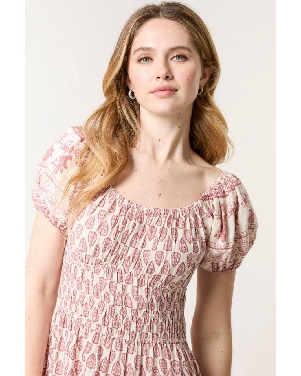Blue Vanilla Pink Shirred Waist Short Sleeve Bardot Midi Dress
