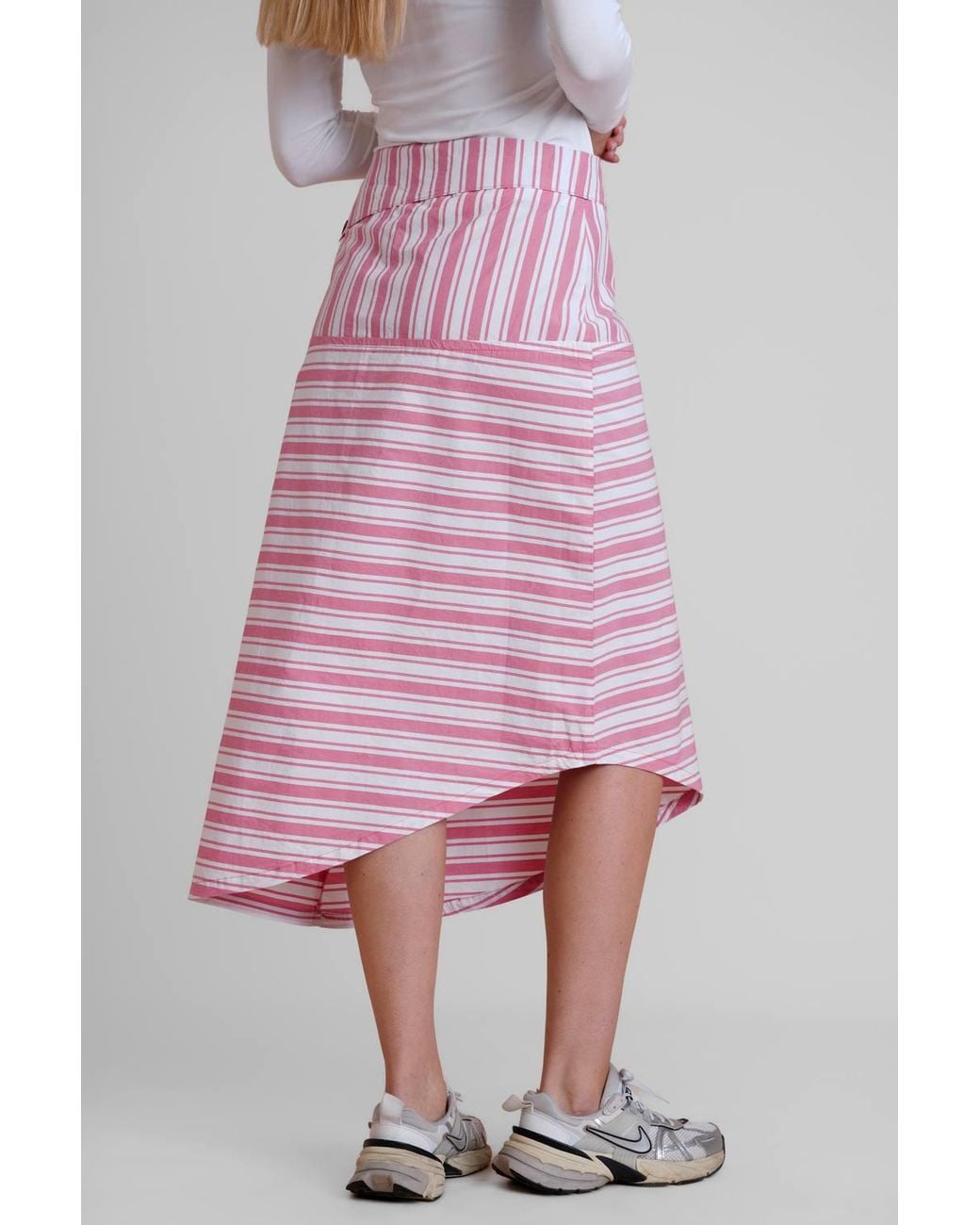 Enorsia Pink Asymmetric Hem Striped Midi Skirt