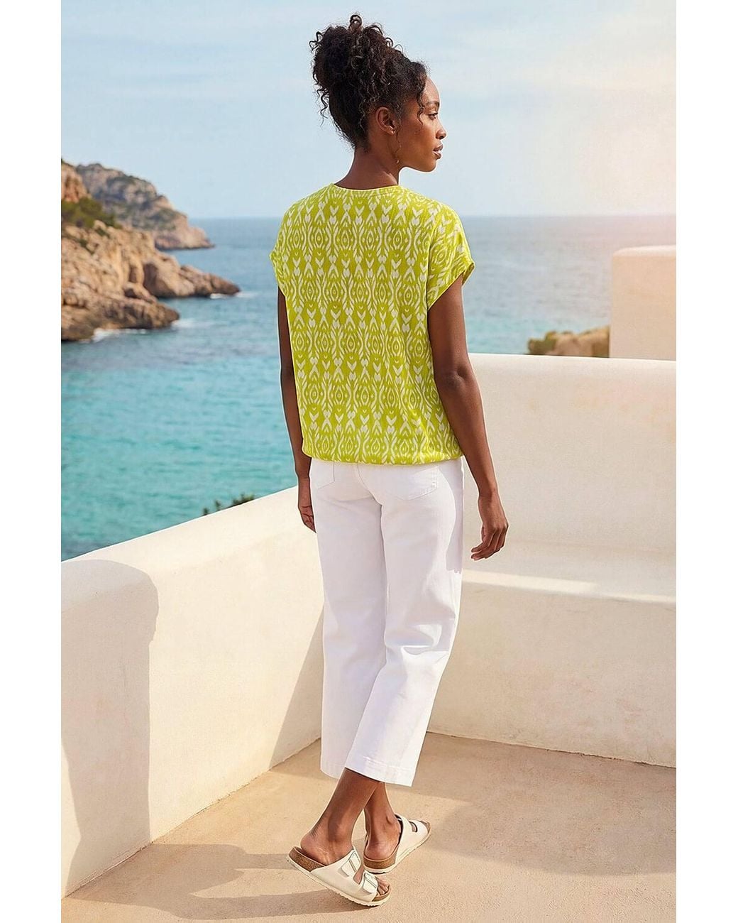 Roman Yellow Ikat Print Bubble Hem Top