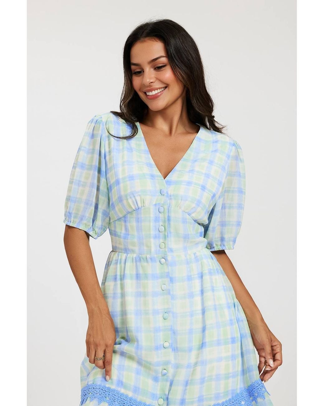 FS Collection Blue Gingham Mini Dress W/ Lace Trim